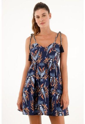 Vestido Corto Con Estampado De Aves Para Mujer