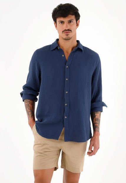 Camisa Azul Manga Larga Para Hombre