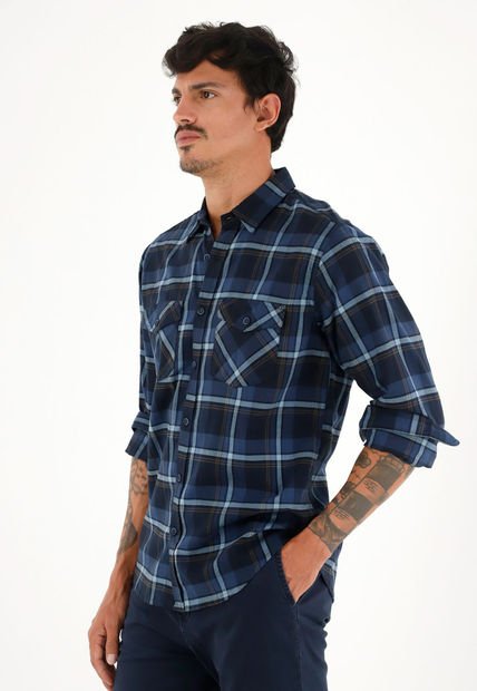 Camisa Leñadora Con Botones En Madera Azul Para Hombre