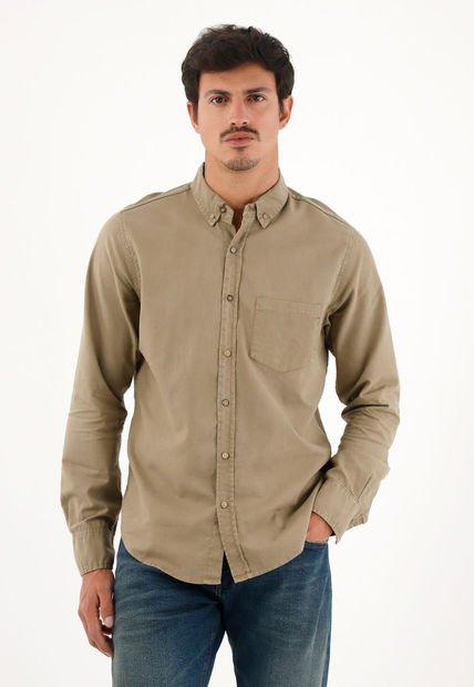 Camisa Oxford Manga Larga Café Para Hombre