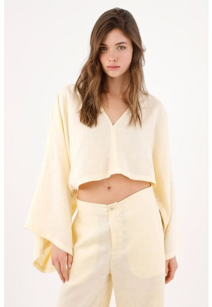 Tennis Camisa Fit Relajado Con Mangas Kimono En Lino Amarillo Pastel Para Mujer