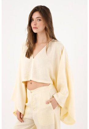 Tennis Camisa Fit Relajado Con Mangas Kimono En Lino Amarillo Pastel Para Mujer