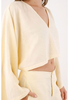 Tennis Camisa Fit Relajado Con Mangas Kimono En Lino Amarillo Pastel Para Mujer