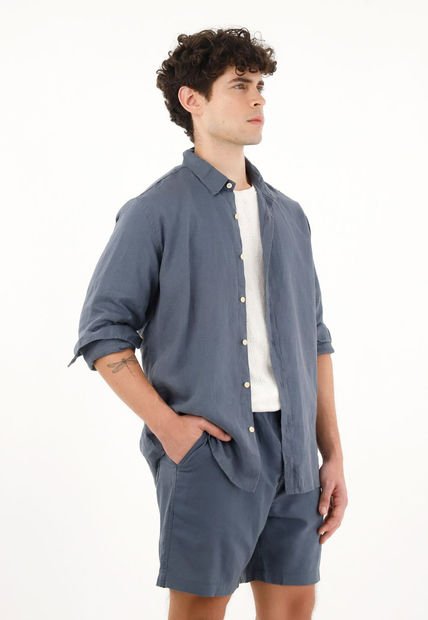 Camisa Azul Manga Larga 100% Lino Para Hombre