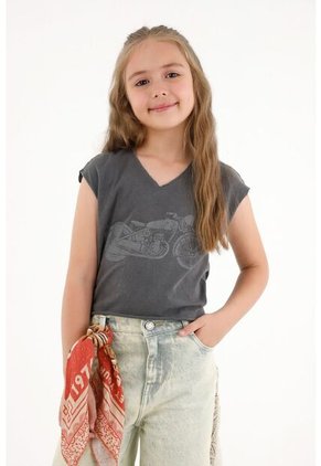Camiseta Gris Con Estampado De Moto Para Niña