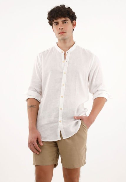 Camisa Cuello Neru Blanca En 100% Lino Para Hombre