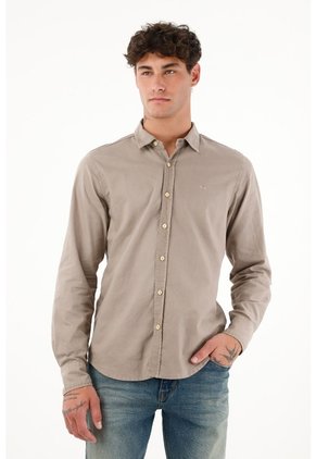 Camisa Manga Larga Con Raqueta Bordada Café Para Hombre