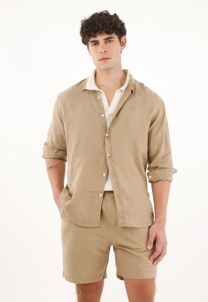 Camisa Café Manga Larga 100% Lino Para Hombre