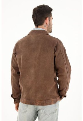 Abrigo Café Con Efecto Cuero Para Hombre