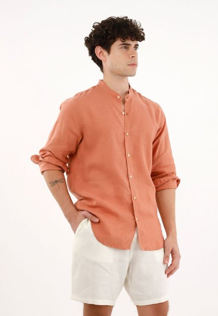 Camisa Cuello Neru Naranja En 100% Lino Para Hombre
