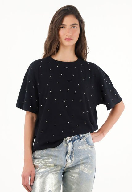 Camiseta Negra Con Apliques Decorativos Para Mujer