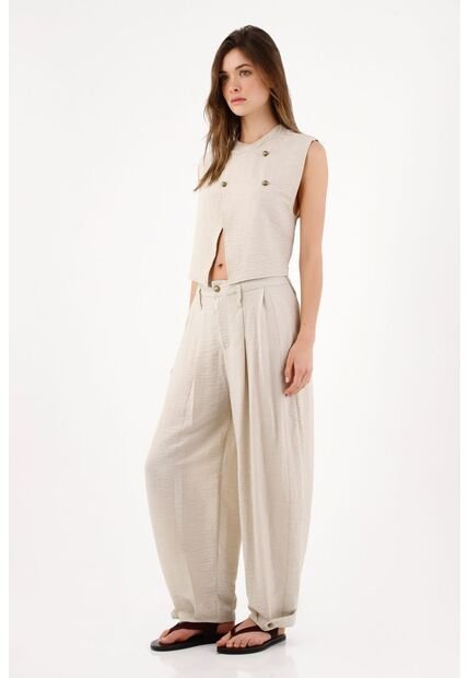 Tennis Pantalón Wide Leg Con Pinzas Frontales En Poliéster Beige Para Mujer