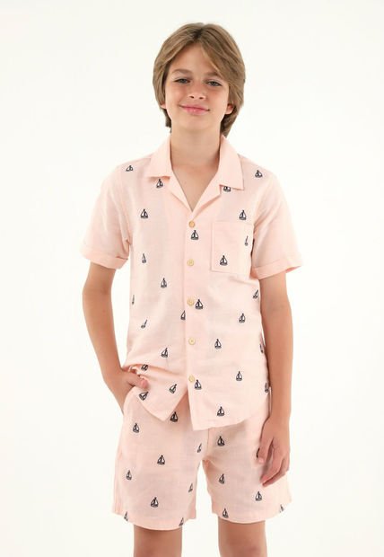Camisa Tipo Bowling Rosada Con Bordado De Veleros Para Niño