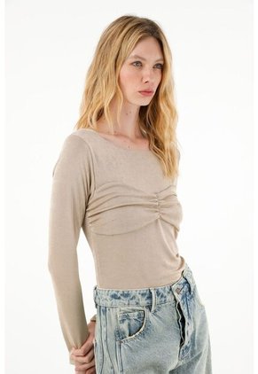 Tennis Camiseta Brillante Manga Larga Café Para Mujer