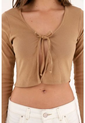 Camiseta Café Crop Abierta Con Tiras Para Anudar Para Mujer
