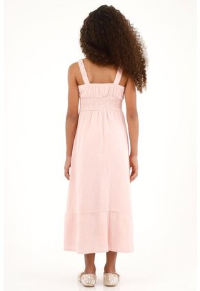 Vestido Rosado Largo Con Elástico En La Cintura Para Niña