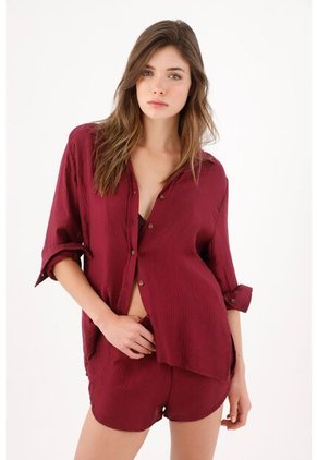 Tennis Camisa Relaxed Fit Con Textura Arrugada En Lyocell Vino Para Mujer