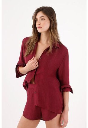 Tennis Camisa Relaxed Fit Con Textura Arrugada En Lyocell Vino Para Mujer