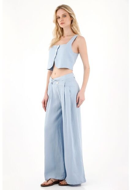 Tennis Pantalón En 100% Lino Azul Para Mujer