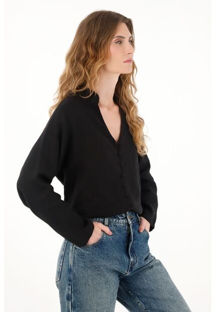Tennis Camisa Negra Cuello Neru En 100% Lino Para Mujer
