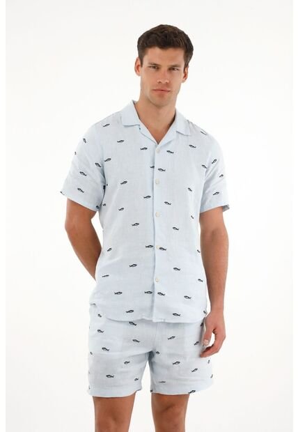 Tennis Camisa Azul Con Bordado De Peces Para Hombre