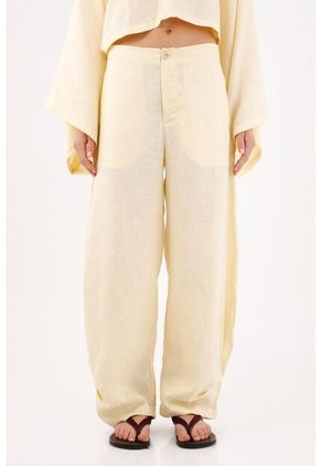 Tennis Pantalón Pierna Ancha Con Caída Fluida En Lino Amarillo Para Mujer