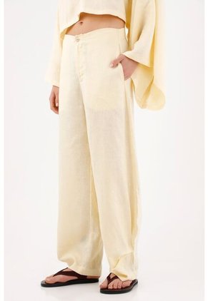 Tennis Pantalón Pierna Ancha Con Caída Fluida En Lino Amarillo Para Mujer