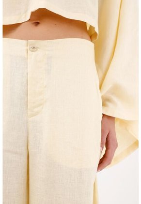 Tennis Pantalón Pierna Ancha Con Caída Fluida En Lino Amarillo Para Mujer