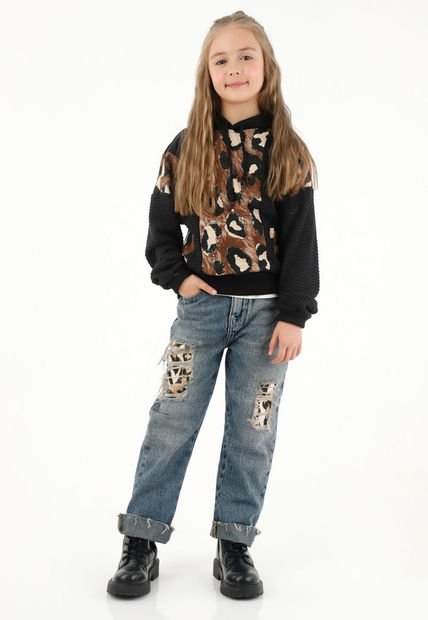 Buzo Hoodie Negro Con Estampado Animal Print Para Niña