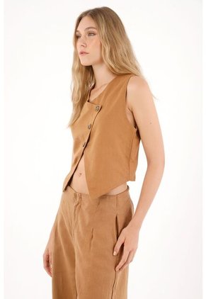 Tennis Chaleco En 100% Lino De Diseño Cruzado Café Para Mujer