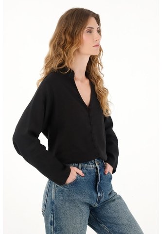 Tennis Camisa Negra Cuello Neru En 100% Lino Para Mujer Tennis