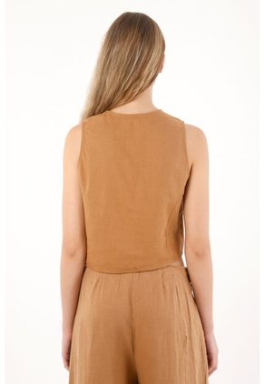 Tennis Chaleco En 100% Lino De Diseño Cruzado Café Para Mujer