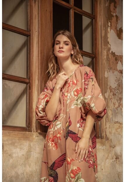 Vestido Tipo Túnica De Mujer, Silueta Amplia, Cuello Henley Manga Corta Englobada, Con Estampado De Colibríes