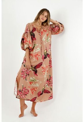 Vestido Tipo Túnica De Mujer, Silueta Amplia, Cuello Henley Manga Corta Englobada, Con Estampado De Colibríes