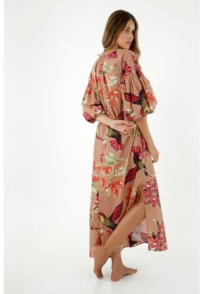 Vestido Tipo Túnica De Mujer, Silueta Amplia, Cuello Henley Manga Corta Englobada, Con Estampado De Colibríes