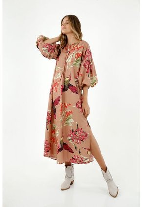 Vestido Tipo Túnica De Mujer, Silueta Amplia, Cuello Henley Manga Corta Englobada, Con Estampado De Colibríes