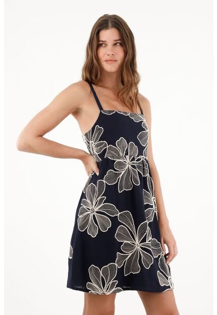 Vestido Azul Con Detalles Bordados Para Mujer