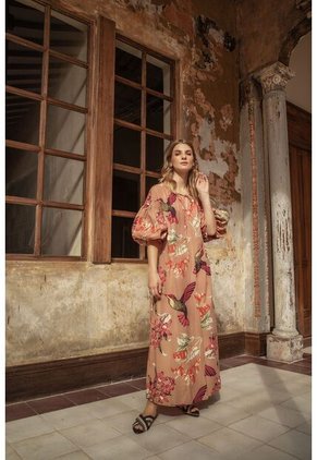 Vestido Tipo Túnica De Mujer, Silueta Amplia, Cuello Henley Manga Corta Englobada, Con Estampado De Colibríes