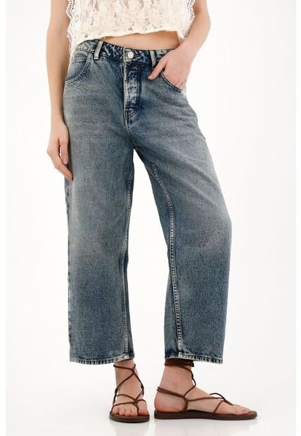 Tennis Jean Recto Con Ajuste De Botones Azul Para Mujer