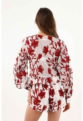 Tennis Camisa Fit Relajado Con Malla Floral En Poliéster Blanco Con Flores Rojas Para Mujer