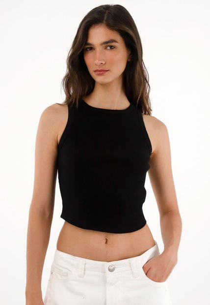 Camiseta En Rib Con Ruedo Curvo Negra Para Mujer