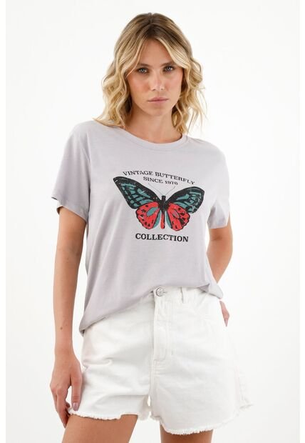 Camiseta Gris Con Estampado De Mariposa Para Mujer