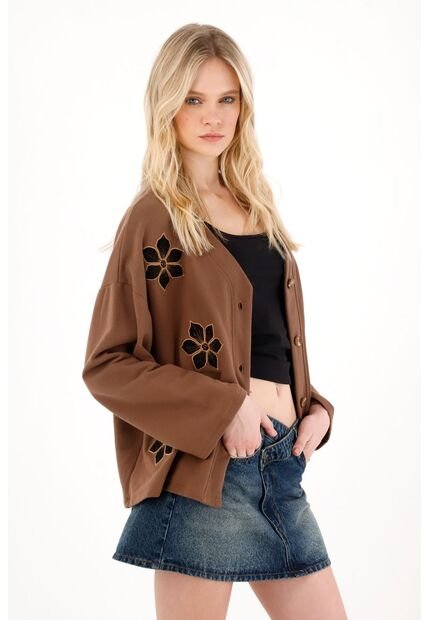 Tennis Buzo Tipo Cárdigan Con Flores Café Para Mujer