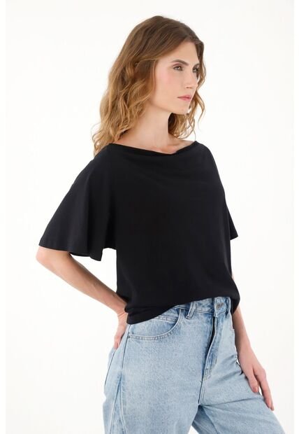 Tennis Camiseta Negra Con Escote Drapeado Para Mujer
