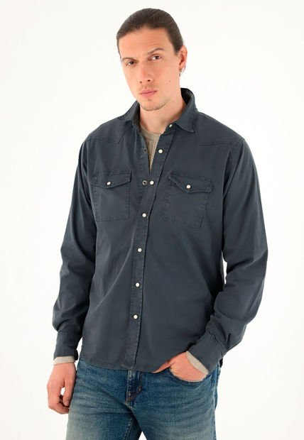 Camisa Azul Manga Larga Para Hombre