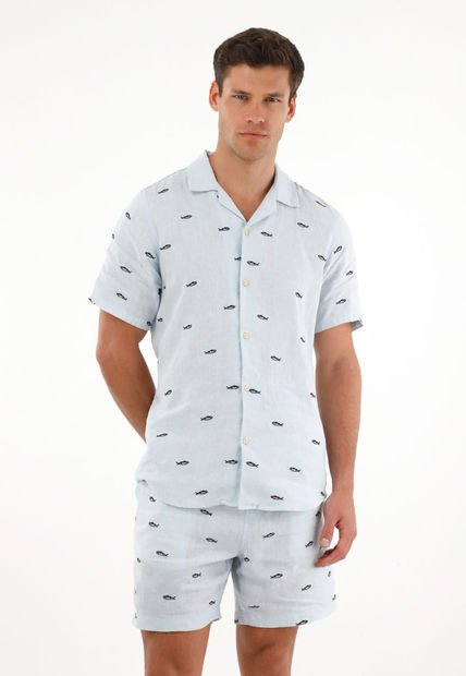 Camisa Azul Con Bordado De Peces Para Hombre