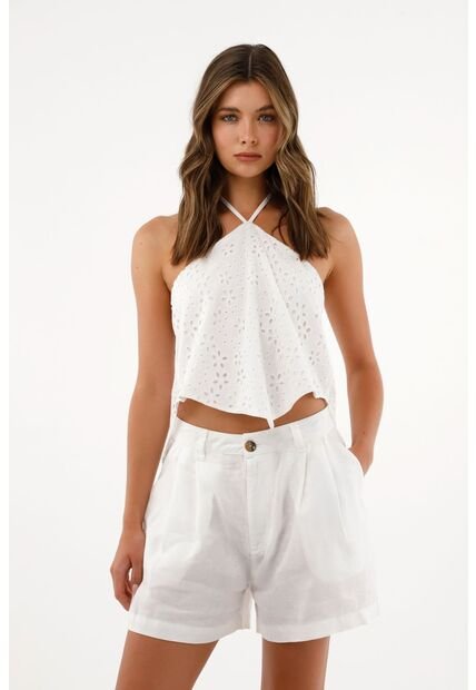 Tennis Bermuda Blanca Tiro Alto En 100% Lino Para Mujer