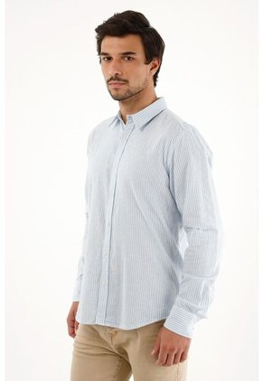 Camisa Azul A Rayas Manga Larga Para Hombre