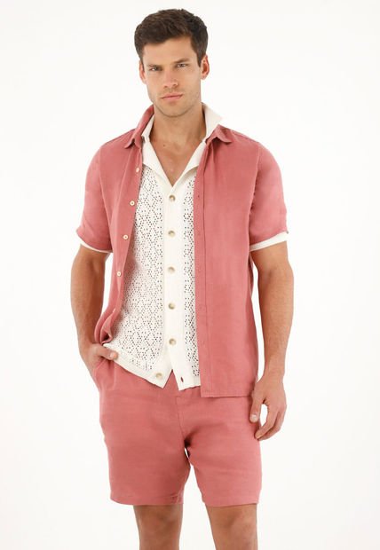 Camisa Manga Corta En 100% Lino Naranja Para Hombre