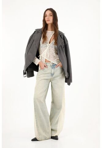 Tennis Jean Wide Leg Tiro Alto Con Encaje En Laterales Para Mujer Tennis